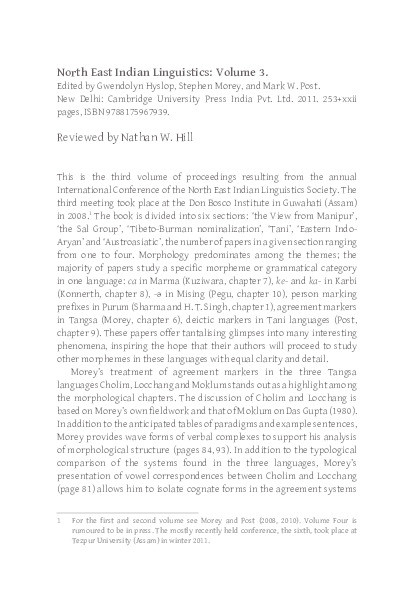 Review of North East Indian Linguistics: Volume 3. Gwendolyn Hyslop, Stephen Morey, and Mark W. Post, eds. New Delhi: Cambridge University Press India Pvt. Ltd. 2011. Thumbnail