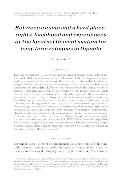 Between a Camp and a Hard Place: Rights, Livelihood and Experiences of the Local Settlement System for Long-Term Refugees in Uganda Thumbnail