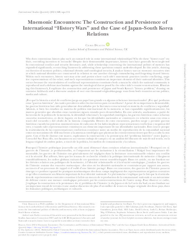 Mnemonic Encounters: The Construction and Persistence of International “History Wars” and the Case of Japan–South Korea Relations Thumbnail