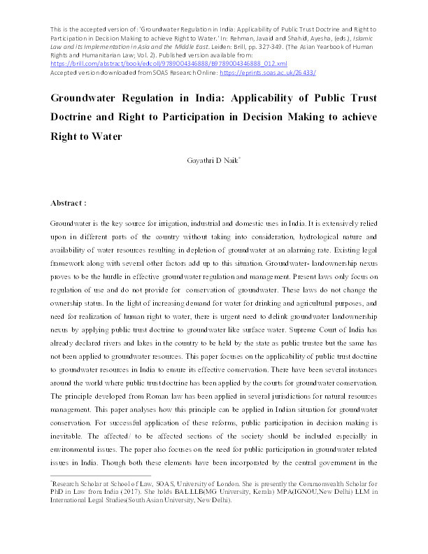 Groundwater Regulation in India: Applicability of Public Trust Doctrine and Right to Participation in Decision Making to achieve Right to Water Thumbnail