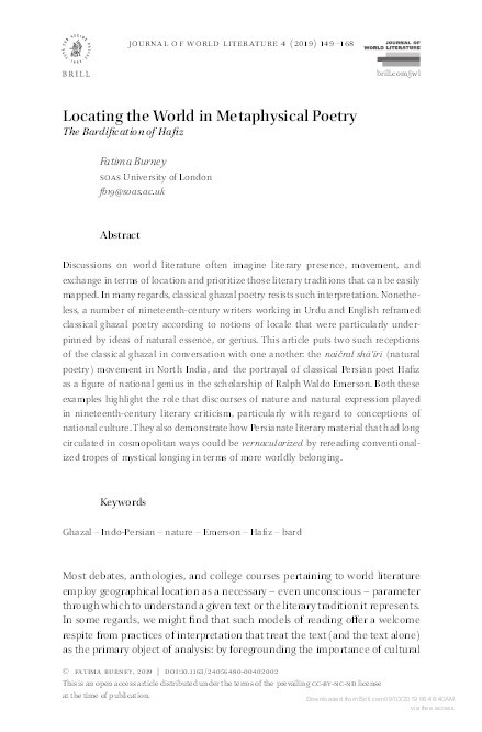 Locating the World in Metaphysical Poetry: The Bardification of Hafiz Thumbnail