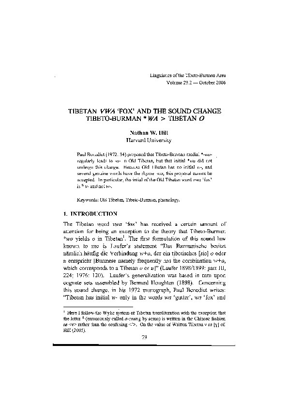 Tibetan vwa ‘fox’ and the sound change Tibeto-Burman *wa -> Old Tibetan o Thumbnail