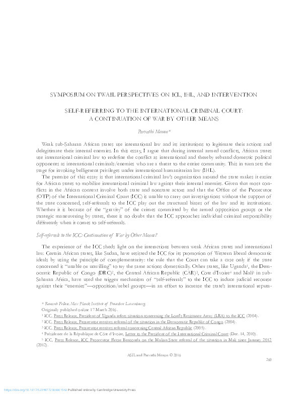 Self-Referring to the International Criminal Court: A Continuation of War by Other Means Thumbnail