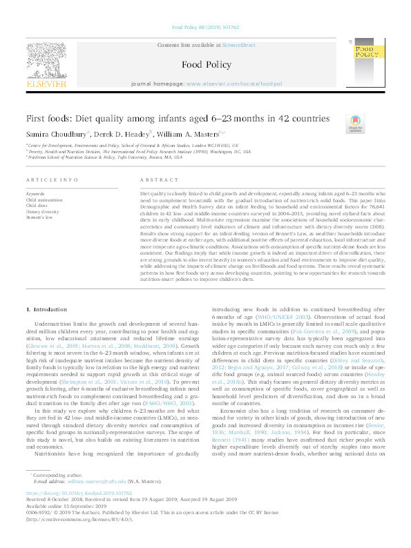 First foods: Diet quality among infants aged 6–23 months in 42 countries Thumbnail