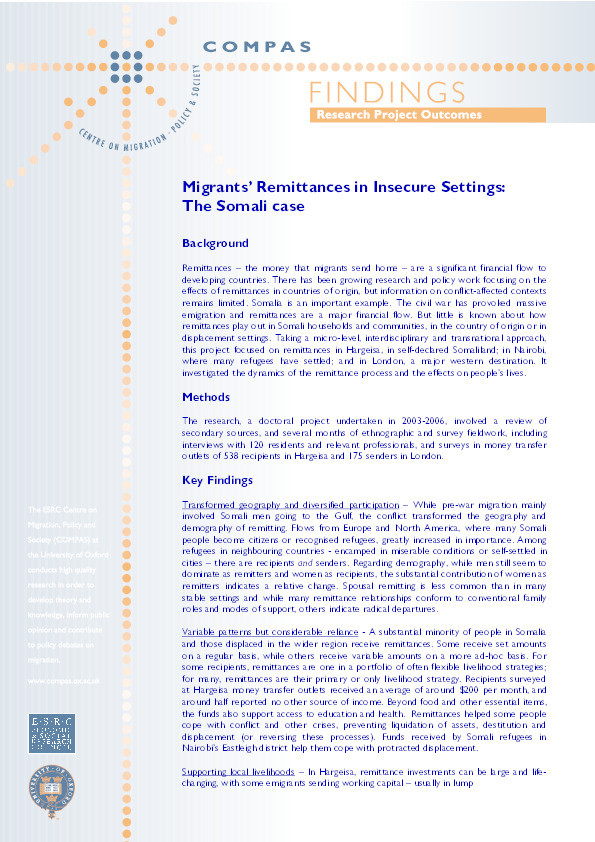 Migrants' Remittances in Insecure Settings: the Somali case Thumbnail