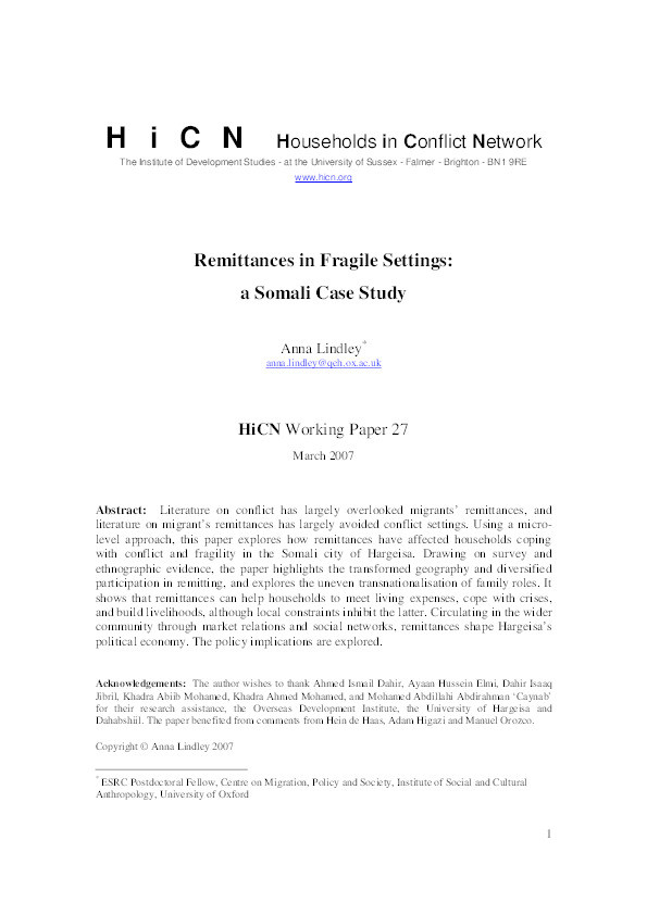 Remittances in fragile settings: a Somali case study Thumbnail