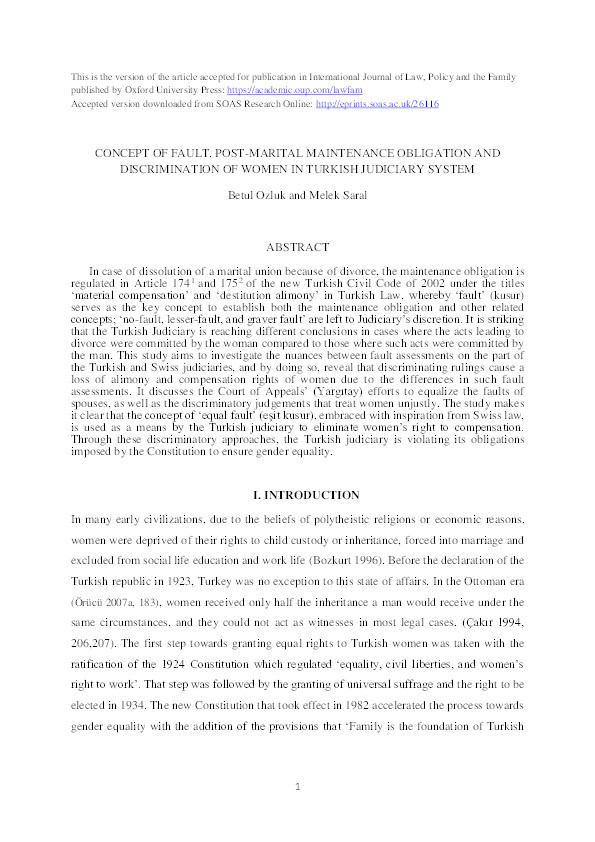 Concept of Fault, Post-Marital Maintenance Obligation and Discrimination of Women in Turkish Judiciary System Thumbnail