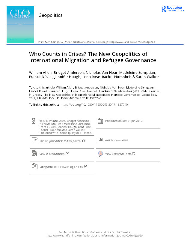 Who Counts in Crises? The New Geopolitics of International Migration and Refugee Governance Thumbnail