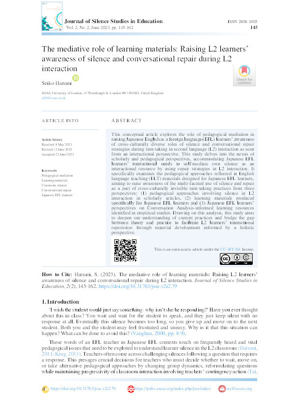 The mediative role of learning materials: Raising L2 learners’ awareness of silence and conversational repair during L2 interaction Thumbnail
