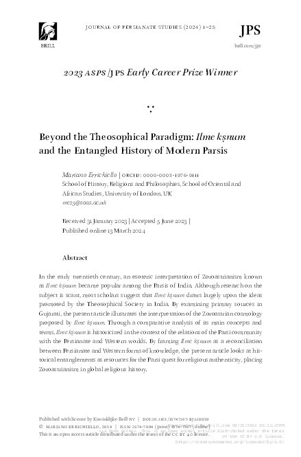 Beyond the Theosophical Paradigm: Ilme kṣnum and the Entangled History of Modern Parsis Thumbnail