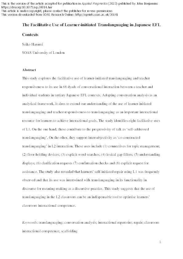 The facilitative use of learner-initiated translanguaging in Japanese EFL contexts Thumbnail