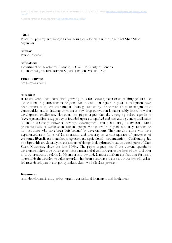 Precarity, poverty and poppy: Encountering development in the uplands of Shan State, Myanmar Thumbnail
