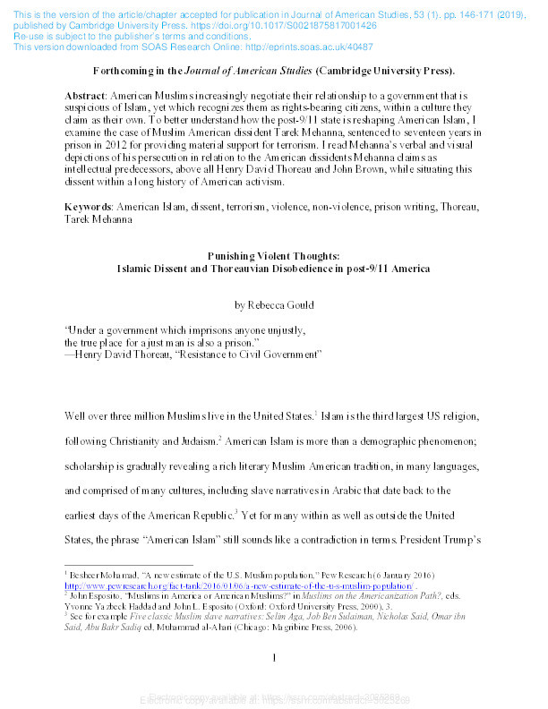 Punishing Violent Thoughts: Islamic Dissent and Thoreauvian Disobedience in Post-9/11 America Thumbnail