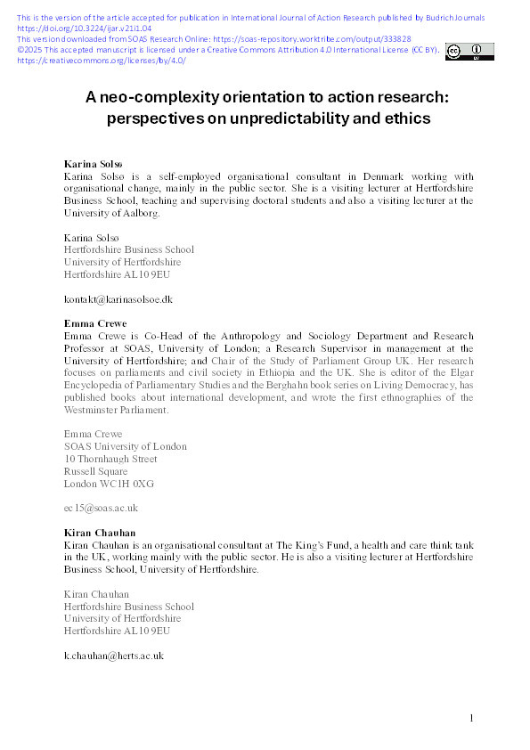 A neo-complexity orientation to action research: perspectives on unpredictability and ethics Thumbnail