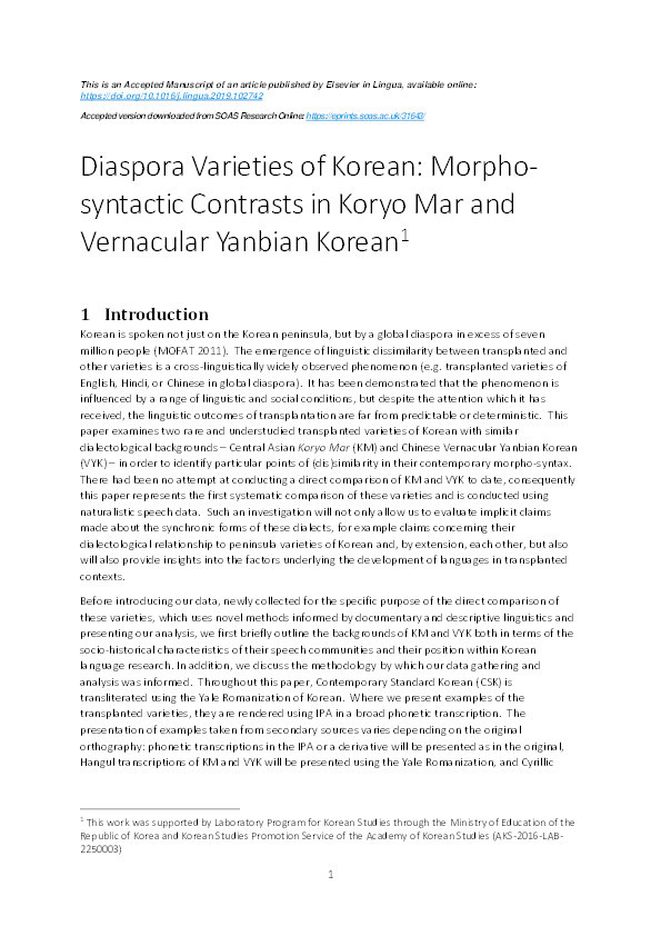 Diaspora Varieties of Korean: Morpho-syntactic Contrasts in Koryo Mar and Vernacular Yanbian Korean Thumbnail