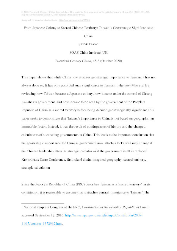 From Japanese Colony to Sacred Chinese Territory: Taiwan’s Geostrategic Significance to China Historicized Thumbnail