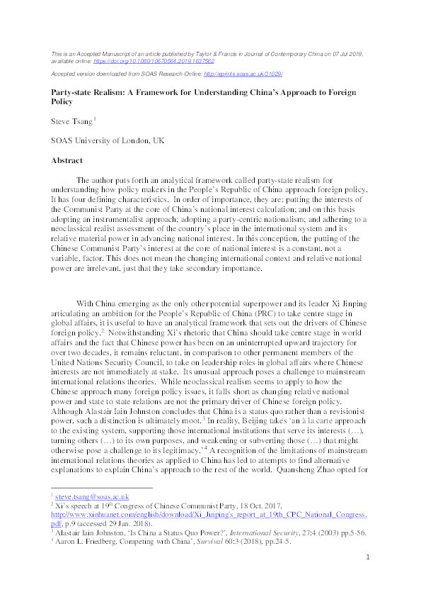 Party-state Realism: A Framework for Understanding China’s Approach to Foreign Policy Thumbnail