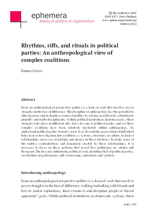 Rhythms, riffs, and rituals in political parties: An anthropological view of complex coalitions Thumbnail