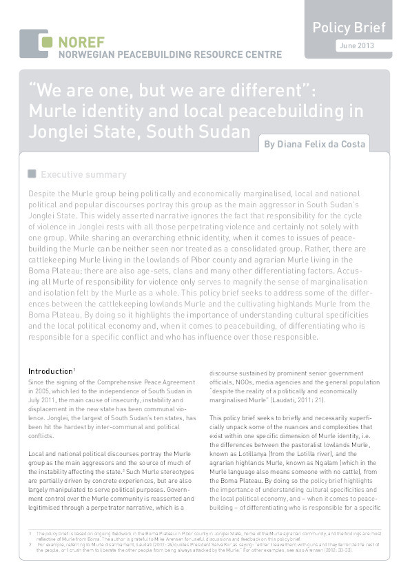 ‘We are one, but we are different’: Murle identity and local peacebuilding in Jonglei, South Sudan Thumbnail