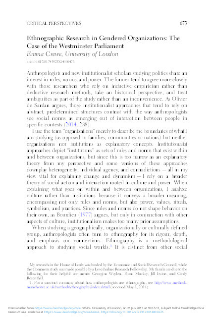Ethnographic research in gendered organizations: the case of the Westminster parliament Thumbnail