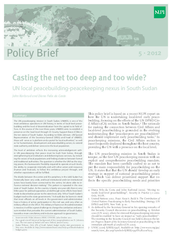 Casting the net too deep and too wide? UN local peacebuilding-peacekeeping nexus in South Sudan Thumbnail