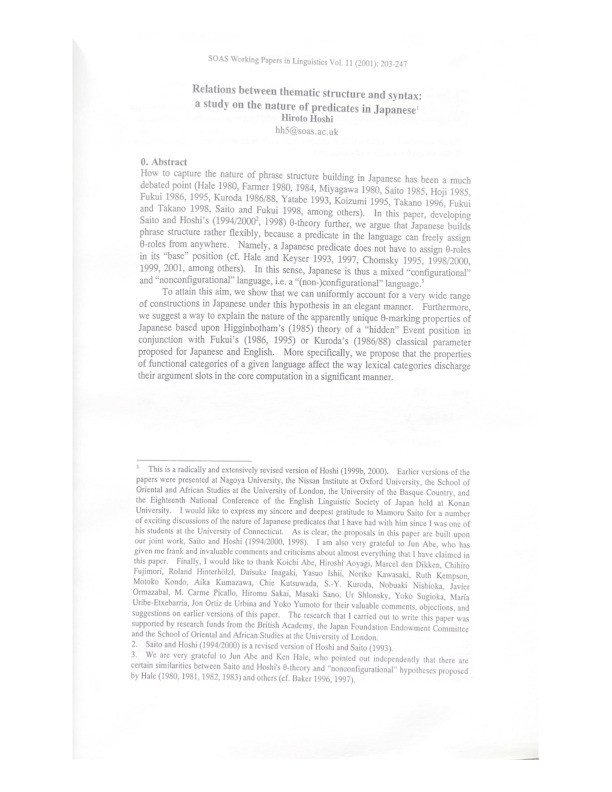 Relations between thematic structure and syntax: a study on the nature of predicates in Japanese Thumbnail