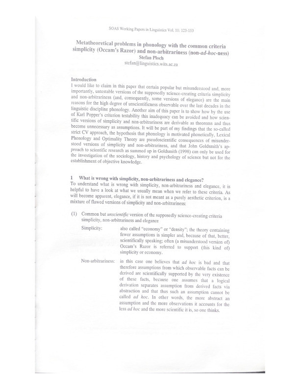 Metatheoretical problems in phonology with the common criteria simplicity (Occam’s Razor) and nonarbitrariness (non-ad-hoc-ness) Thumbnail