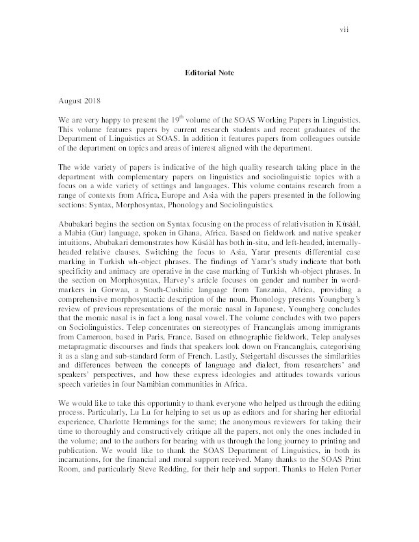 SOAS Working Papers in Linguistics, Volume 19 Thumbnail