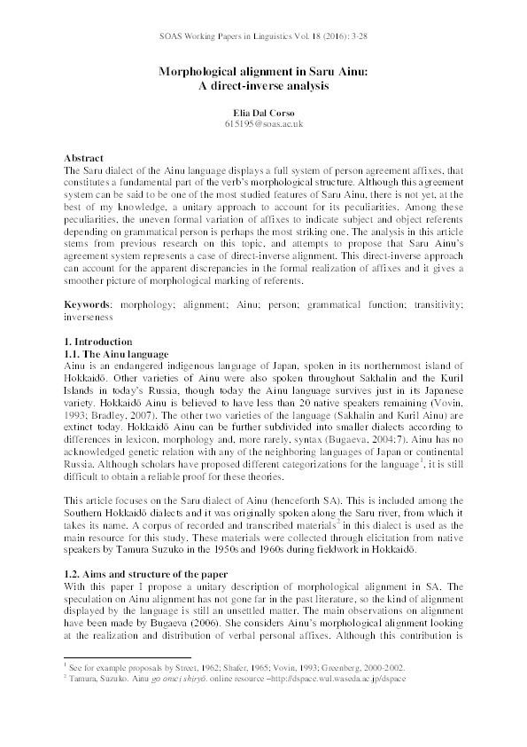 Morphological alignment in Saru Ainu: A direct-inverse analysis Thumbnail