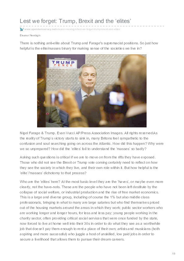Lest we forget: Trump, Brexit and the ‘elites’ Thumbnail