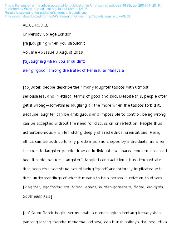 Laughing when you shouldn't: Being "good" among the Batek of Peninsular Malaysia Thumbnail