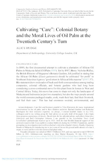 Cultivating "Care": Colonial Botany and the Moral Lives of Oil Palm at the Twentieth Century’s Turn Thumbnail