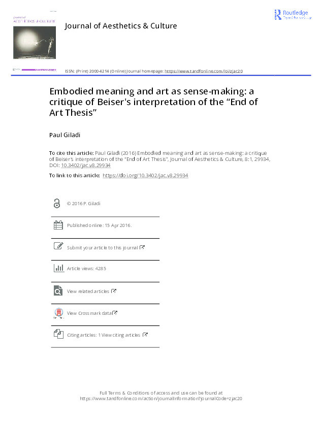 Embodied meaning and art as sense-making: a critique of Beiser's interpretation of the “End of Art Thesis” Thumbnail