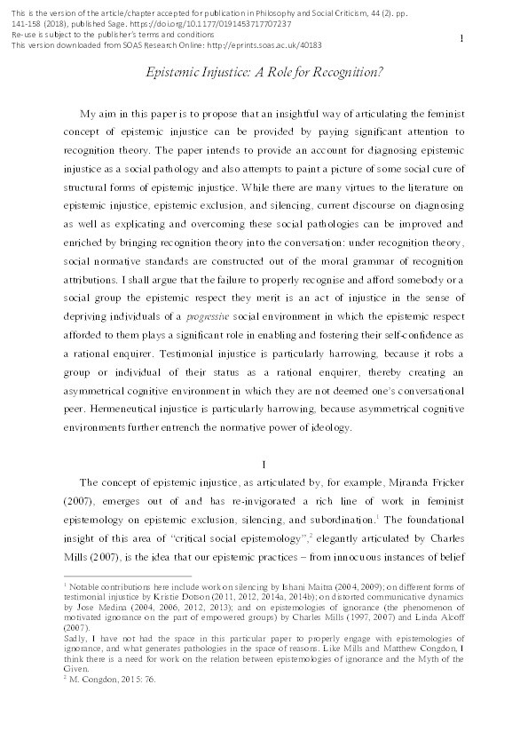 Epistemic injustice: A role for recognition? Thumbnail