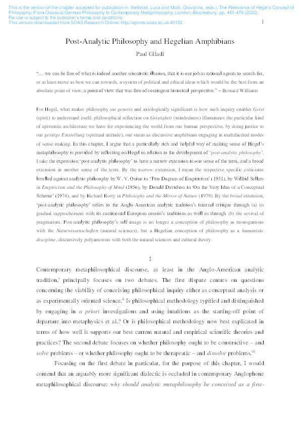 Post-Analytic Philosophy and Hegelian Amphibians Thumbnail