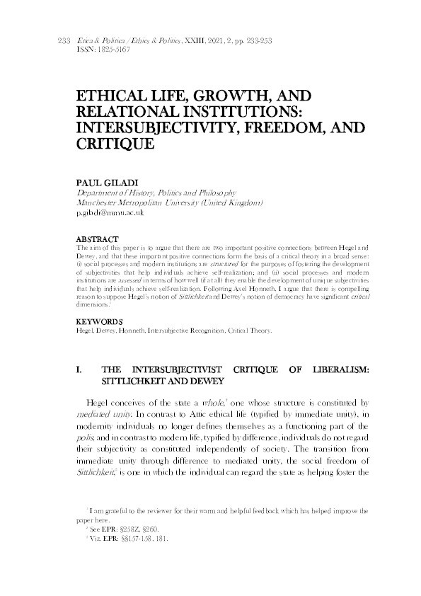 Ethical Life, Growth, and Relational Institutions: Intersubjectivity, Freedom, and Critique Thumbnail