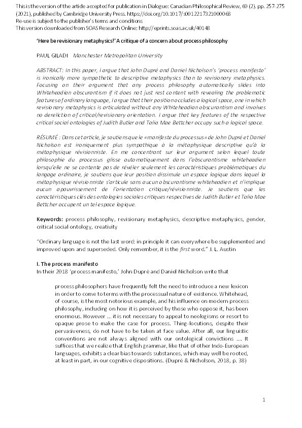 ‘Here be revisionary metaphysics!’ A critique of a concern about process philosophy Thumbnail