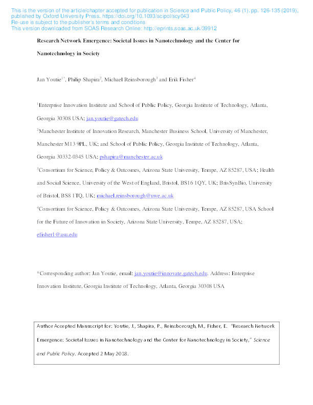 Research network emergence: Societal issues in nanotechnology and the center for nanotechnology in society Thumbnail