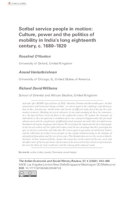 Scribal service people in motion: Culture, power and the politics of mobility in India’s long eighteenth century, c. 1680–1820 Thumbnail