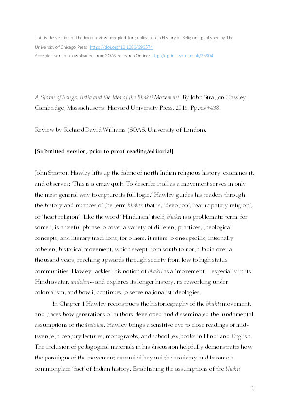 A Storm of Songs: India and the Idea of the Bhakti Movement. By John Stratton Hawley. (Cambridge, Massachusetts: Harvard University Press, 2015. Pp.xiv+438.) Thumbnail