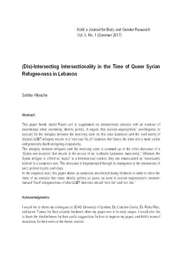 (Dis)-Intersecting Intersectionality in the Time of Queer Syrian Refugee-ness in Lebanon Thumbnail