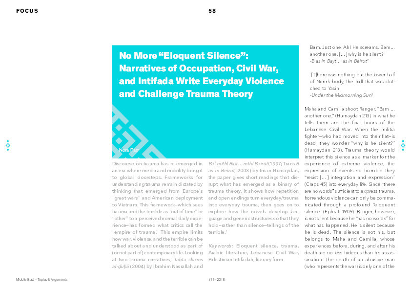 No more ‘eloquent silence’: Narratives of Occupation, Civil War, and Intifada write everyday violence and challenge Trauma Theory Thumbnail