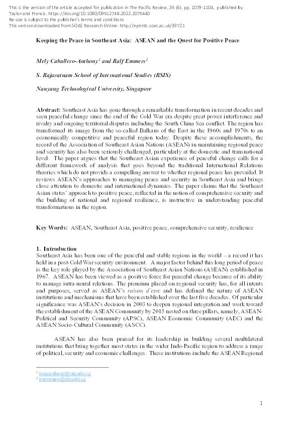 Keeping the Peace in Southeast Asia: ASEAN and the Quest for Positive Peace Thumbnail