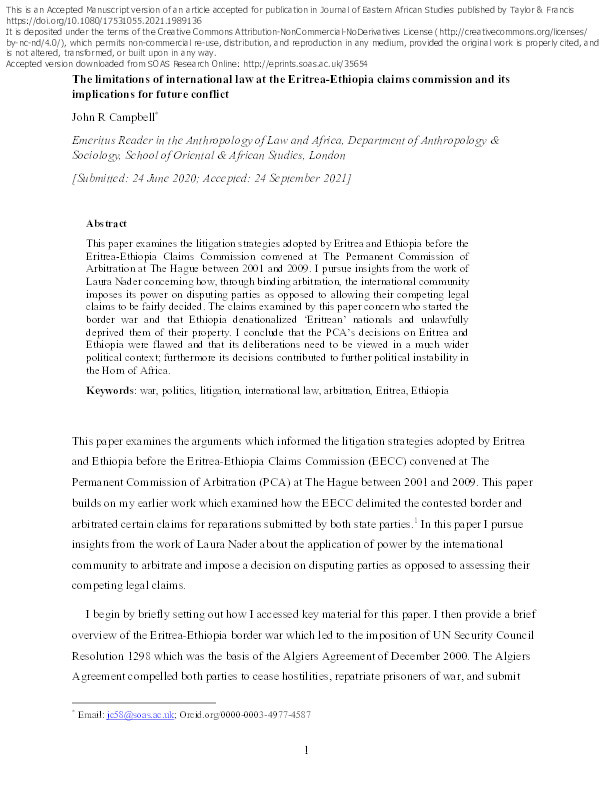 The limitations of international law at the Eritrea-Ethiopia Claims Commission and its implications for future conflict Thumbnail