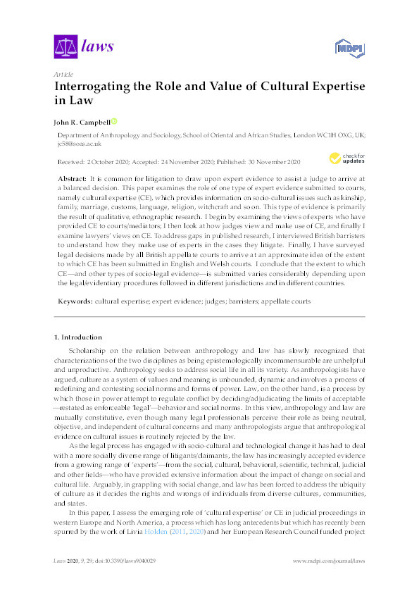Interrogating the Role and Value of Cultural Expertise in Law Thumbnail