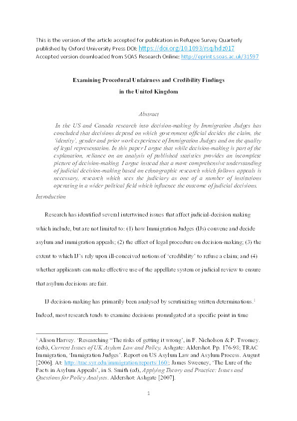 Examining Procedural Unfairness and Credibility Findings in the UK Asylum System Thumbnail