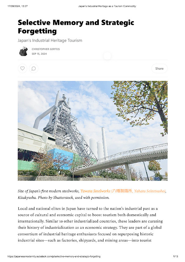 Selective Memory and Strategic Forgetting: Japan’s Industrial Heritage Tourism Thumbnail