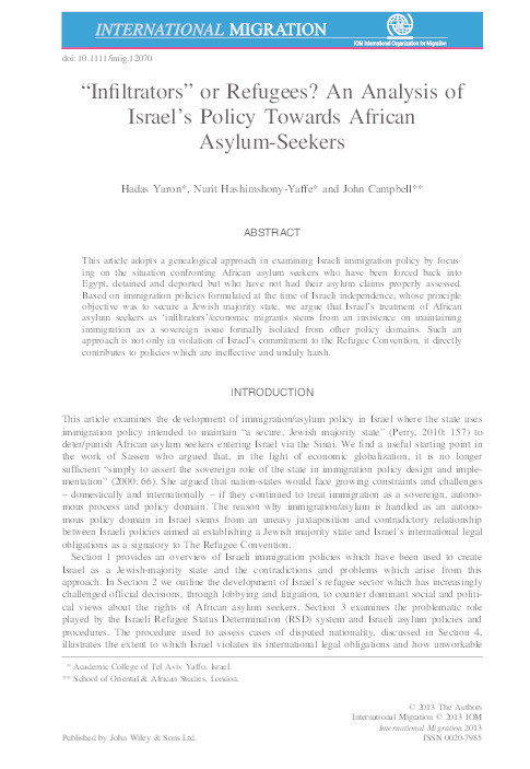 "Infiltrators" or refugees? An analysis of Israel's policy towards African asylum seekers Thumbnail