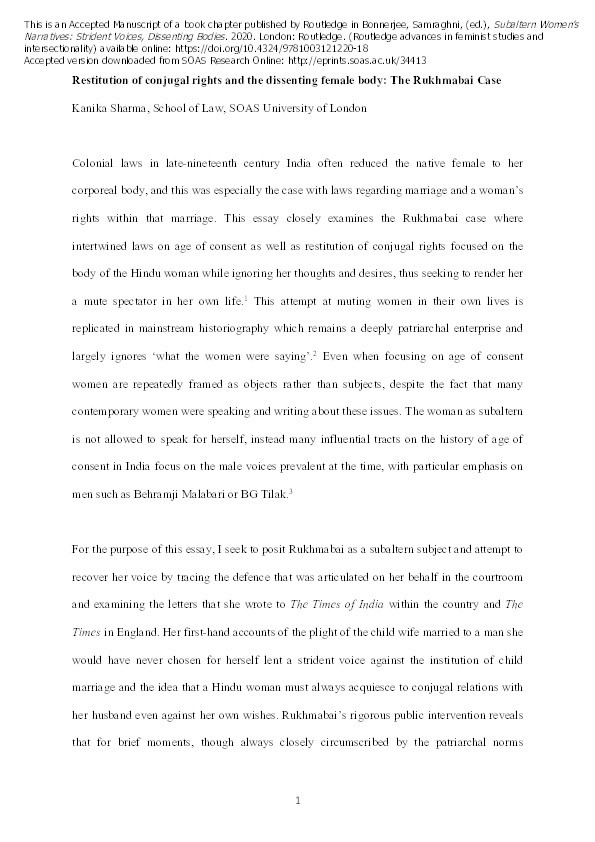 Restitution of conjugal rights and the dissenting female body: The Rukhmabai Case Thumbnail