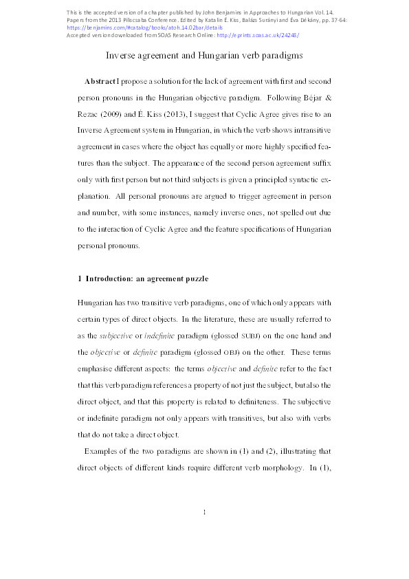Inverse agreement and Hungarian verb paradigms Thumbnail